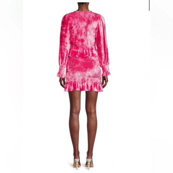 LOVESHACKFANCY Evan Tie Dye Long Sleeve Velvet Mini Dress Viscose Hot Pink - Picture 11 of 11